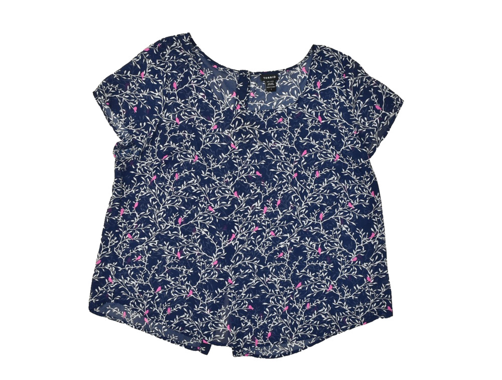 Torrid Women's Navy Blue & Pink Bird Print Blouse Plus Size 1 Short Sleeve Polye